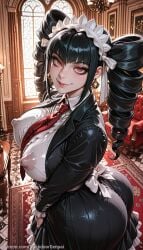 1girl ai_generated ass backdoorsenpai bell_earrings big_ass black_hair black_jacket black_nails bow breasts celestia_ludenberg closed_mouth covering_nipples covering_privates curvy danganronpa danganronpa_(series) drill_hair egao female female_only frilled_skirt jacket large_breasts layered_skirt looking_up maid_headdress medium_skirt naughty_face naugty_eyes necktie perky_breasts red_eyes shirt skirt smile solo thick_thighs thighs twin_drills upper_body white_bow wide_hips