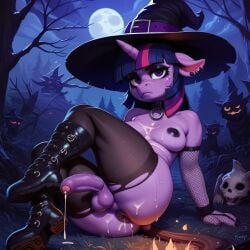 ai_generated anthro anus ass balls boots collar cum_on_body fishnets foreskin forest futanari gloves moon my_little_pony penis ponut pony purple_skin twilight_sparkle_(mlp) uncut