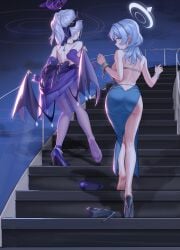 2girls ako_(blue_archive) ako_(dress)_(blue_archive) anklet aqua_eyes aqua_hair ass back_cutout bare_shoulders barefoot bigxixi blue_archive calves cuffs dress earrings elbow_gloves fancy_clothing feet female female_only gloves hair_bun hairband halo high_heels highres hina_(blue_archive) hina_(dress)_(blue_archive) legs legwear light-skinned_female light_skin looking_at_viewer looking_back looking_back_at_viewer medium_hair necklace night pantyhose purple_gloves purple_legwear purple_pantyhose purple_stockings revealing_clothes shoe_loss sideboob soles stairs stockings tagme tied_hair tight_clothing tight_dress walking wings