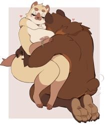 anthro ass bear blais bracelet breasts brown_body brown_fur bush_dog canid canine closed_eyes face_on_breast feet female fur hi_res hug jewelry male male/female mammal original punkin_(punkinbuu) punkinbuu tail tail_motion tailwag wholesome