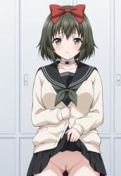 1girls ai_generated black_sailor_collar black_serafuku black_skirt blush bow cardigan collar cosplay euphoria_(clockup) female female_only green_eyes green_hair green_neckerchief hairbow hassaku_xl hokari_kanae hokari_kanae_(cosplay) mai_shishikusa masa_works_design milua neckerchief no_panties oni_to_kitsune_no_hanashi parted_lips pussy red_bow sailor_collar school_uniform self_upload serafuku short_hair skirt skirt_lift solo solo_female thigh_gap uncensored