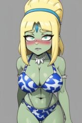 ai_generated bikini bikini_sea bikini_zombie bikini_zombie_(pvz) blush crystal green_body green_eyes hair headband panties panties_sea plants_vs_zombies plants_vs_zombies_2:_it's_about_time pvz queen sea viewer