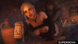 1girls 2boys ciri cum_cup cum_on_face dark-skinned_male from_behind green_eyes interracial light-skinned_female supernovax the_witcher_(series) the_witcher_3:_wild_hunt white_hair