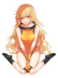 1girls annoyed blonde_hair c_i_an clenched_teeth large_breasts long_hair looking_at_viewer naked_tabard okina_matara sitting socks sweat touhou wariza wavy_hair yellow_eyes