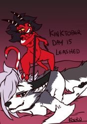 anthro canid canid_demon canine collar demon dominant dominant_female duo female female/female hellhound helluva_boss hi_res imp kinktober kinktober_2024 koeru larger_female leash leashed_collar loona_(helluva_boss) mammal millie_(helluva_boss) mythological_canine mythological_creature mythology size_difference smaller_female standing_on_another step_pose submissive submissive_female