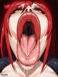 ai_generated big_lips bimbo_lips buchukisu chariot_du_nord close-up close_up kiss_pov kissing lips lipstick little_witch_academia long_hair looking_at_viewer makeup milf open_mouth pointer_warrior_ai pov pov_kiss red_eyes red_hair saliva saliva_drip saliva_trail tongue