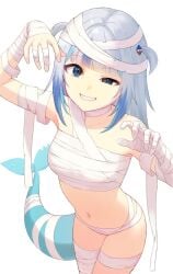 1girls artist_request bare_midriff female gawr_gura halloween halloween_costume hololive hololive_english hololive_myth looking_at_viewer mostly_nude mummy mummy_costume mummy_wrappings navel shark shark_girl shark_tail sharp_teeth small_breasts smiling smiling_at_viewer solo thighs virtual_youtuber vtuber