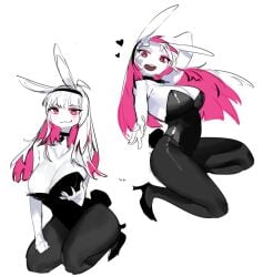 :3 
friday_night_funkin big_breasts blush breast_squish breasts_almost_out bunny_ears bunnysuit collar colored_sketch hearts_around_head heels holding_breast kneeling leggings light-skinned_female looking_at_viewer multicolored_hair nikusa_(sugarratio) no_background pink_eyes pink_hair source_request tagme_(artist) thick_thighs unknown_artist white_body white_hair