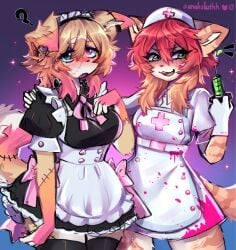 anakoluth anakoluth_(artist) blonde_hair cat_ears cat_tail catgirl dog_ears dog_girl dog_tail furry furry_female gloves maid maid_uniform nurse nurse_uniform thighhighs yumi_(catniplewds) zombie