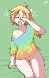 blonde_hair bottomless floral_foxingdale imxr24 ms_paint original_character pussy rubbing_eyes sleepy tie_dye uncensored