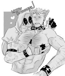 2boys big_bad_wolf_(cosplay) chain_leash collar cosplay dandw_724 deadpool deadpool_&_wolverine_(2024) gay hairy halloween_costume hood_up large_pectorals leash little_red_riding_hood_(copyright) little_red_riding_hood_(cosplay) male male/male marvel mask nipples open_mouth pectoral_grab pectorals wolf_ears wolverine_(x-men) x-men yaoi