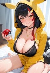 1girls 2025 ai_generated alternate_version_available big_breasts black_bra bra breasts cleavage cosplay female hololive hololive_japan indoors looking_at_viewer ookami_mio pikachu_(cosplay) solo thekingjhon123600 virtual_youtuber