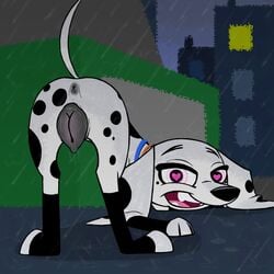 101_dalmatian_street 101_dalmatians 1:1 1girls 2019 animal_genitalia animal_pussy anus ass black_eyes black_fur black_nose black_pussy canid canine canine_pussy canis collar dalmatian detailed_background disney domestic_dog exhibitionism female female_only femsub feral freckles fur heart-shaped_pupils heat_(disambiguation) hi_res hypnosis interspecies kanahu looking_at_viewer mammal mind_control nude presenting pussy pussy_juice raining solo spots spotted_fur spread_legs spreading thin_tail thunderstorm toes white_fur zoophilia