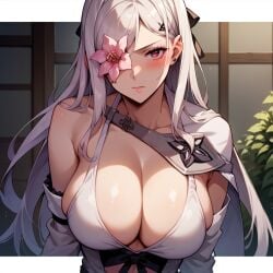 ai_generated blush breasts cleavage drag-on_dragoon_3 drakengard_3 female flower flower_in_eye large_breasts pale-skinned_female pink_eyes white_hair zero_(drag-on_dragoon) zero_(drakengard)