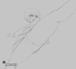 accidental_exposure anus artist_name ass atlus bard-bot black_and_white clothed clothing digital_media_(artwork) exposed_pussy eyelashes female female_focus female_only from_below going_commando hair human jacket kicking no_panties patreon persona persona_4 pussy satonaka_chie skirt solo solo_focus upskirt vagina video_games