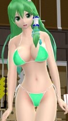 1girls 2023 3d adult_female belly_button below_view bending_forward bikini breasts clavicle cleavage frog_hair_ornament green_bikini green_eyes green_hair_female hati_yukkuri_mmd hips human indoors interior_background jpeg light-skinned_female long_hair_female looking_at_viewer mmd open_mouth sanae_kochiya shrine shrine_maiden snake_hair_ornament solo_female solo_focus swimsuit touhou waist