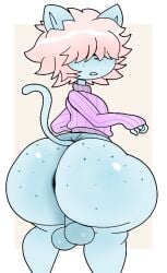 2024 anthro ass balls big_balls big_butt black_nose blue_body blue_ears blue_fur bottomless clothed clothing digital_media_(artwork) domestic_cat felid feline felis freckled_butt freckled_face freckles fur furu_(furu_flami) furu_flami furu_ice genitals hair hair_over_eyes looking_back male male_only mammal multicolored_clothing multicolored_sweater multicolored_topwear partially_clothed pink_clothing pink_hair pink_sweater pink_topwear solo standing sweater thick_thighs topwear two_tone_clothing two_tone_sweater two_tone_topwear