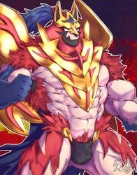 1boy 2019 abs anthro anthrofied bara bulge canine clothing dated furry hi_res legendary_pokémon male male_only mammal muscular muscular_male nintendo no_nipples pecs pokémon_(species) pokemon pokemon_ss pubic_hair shiriya solo text thong topless underwear video_games watermark zamazenta