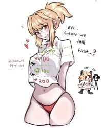 2girls alternate_hairstyle arcueid_brunestud arms_behind artist_name big_breasts blonde_hair blush breasts dialogue dual_persona english_text enormous_breasts flustered hair_between_eyes heart hips horny horny_female huge_breasts isar_ts large_breasts looking_at_viewer navel neco-arc nipple_bulge panties plump ponytail red_eyes red_panties shirt short_hair smile spoken_heart sweat sweaty t-shirt thick_thighs thighs tsukihime tummy twitter_username white_shirt wide_hips