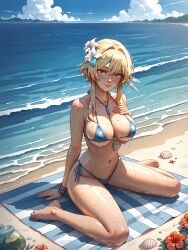 absurd_res ai_generated beach bikini blush breasts genshin_impact large_breasts lumine_(genshin_impact) micro_bikini ministro ocean sitting