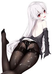 :d absurdres arknights ass bangs black_legwear black_panties blush cum cum_on_body cum_on_lower_body dress dress_lift drooling eyebrows_visible_through_hair female foot_up grey_dress grey_hair hair_between_eyes highres kong_lang_(skywave) long_hair lying no_shoes oerba_yun_fang on_stomach open_mouth pale_skin panties panties_under_pantyhose pantyhose pointy_ears sidelocks slit_pupils smile solo thighband_pantyhose underwear warfarin_(arknights) white_background