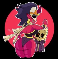 bapzey_bot_(artist) big_butt big_thighs blushing brawl_stars demon demon_emz_(brawl_stars) demon_girl demon_horns emz_(brawl_stars) fat_ass poco_(brawl_stars) red_body red_eyes red_skin sfw skeleton skull skull_head supercell