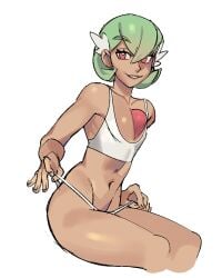 1boy 1girls bangs bikini bob_cut bra breasts bright_pupils clothing crossdressing dark-skinned_male dark_skin female female gardevoir gijinka green_hair hair_between_eyes humanized looking_at_viewer male_focus navel otoko_no_ko pantsu parted_lips pokemon pokemon_(game) pokemon_species red_eyes short_hair simple_background sitting smile solo swimsuit thighs underwear underwear_only white_background white_bra white_panties white_pupils