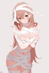 breasts brown_hair cleavage covering covering_breasts deyui embarrassed halloween halloween_costume hololive hololive_english hololive_english_-council- hololive_english_-promise- long_hair mostly_nude mummy mummy_costume mummy_wrappings nanashi_mumei navel virtual_youtuber vtuber