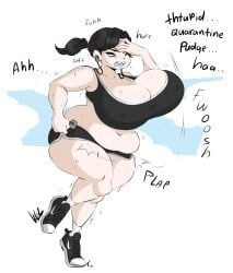 belly belly_overhang black_hair blue_tongue buckteeth dullvivid earbuds freckles gap_teeth goth goth_girl huge_breasts jogging lara_ravencroft mouth_open ponytail shorts sneakers socks sports_bra sports_shorts sports_top sweat veins