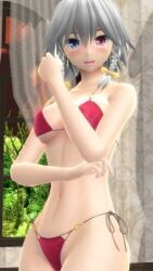 1girls 2023 3d ass belly_button bikini blush breasts clavicle cleavage clouds curtains earrings grey_hair_female hati_yukkuri_mmd heterochromia hips indoors jpeg light-skinned_female looking_at_viewer mansion midriff mmd one_arm_up open_mouth red_bikini sakuya_izayoi short_hair_female side_boob sky solo_female solo_focus sunset swimsuit tied_hair touhou trees waist window yellow_bowtie