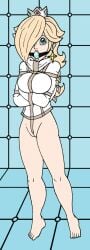 1girls ball_gag blonde_hair blue_eyes bondage bottomless breasts crotch_strap crown doctor-awkward earrings gag gagged hair_over_one_eye large_breasts long_hair looking_at_viewer mario_(series) nintendo padded_room princess_rosalina star_earrings straitjacket