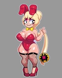 1girls big_breasts blonde_hair brawl_stars bunny_ears bunny_girl bunny_tail bunnysuit charlie_(brawl_stars) costume female female_focus female_human female_only fishnet_legwear fishnet_stockings fishnets halloween high_heels highres kiwines12 large_ass large_breasts nervous nervous_smile red_clothing red_heels smile smiling solo solo_female sweat tight_clothing yo-yo