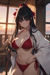 1girls ai_generated big_breasts bikini black_hair busty female female_only hi_res japanese_clothes large_breasts legs long_hair navel open_clothes original ponytail red_bikini sensual solo sword thighs toned voluptuous