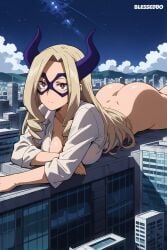 1girls ai_generated alternate_version_available big_breasts blesseddo blonde_hair boku_no_hero_academia breasts giantess horns long_hair looking_at_viewer my_hero_academia no_panties superhero_mask thighs watermark