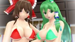 2023 2girls 3d bikini bikini_top blush breasts brown_eyes_female brown_hair_female clavicle cleavage duo_female duo_focus frog_hair_ornament green_bikini_top green_eyes_female green_hair_female hati_yukkuri_mmd holding_each_other human indoors interior_background jpeg light-skinned_female long_hair_female looking_at_viewer midriff mmd open_mouth red_bikini_top red_ribbon reimu_hakurei sanae_kochiya short_hair_female shrine shrine_maiden smiling_at_viewer snake_hair_ornament swimsuit touhou white_background