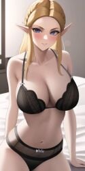 1girls ai_generated animelingerie bed black_bra black_lingerie black_panties blonde_hair blue_eyes bow_bra bow_panties bra breasts breath_of_the_wild crown_braid large_breasts lingerie long_hair looking_at_viewer midriff navel nintendo on_bed panties princess_zelda the_legend_of_zelda