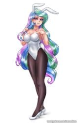 1girls blue_hair breasts bunny_ears bunny_tail fake_animal_ears fake_tail female female_only fully_clothed green_hair high_heels large_breasts leotard long_hair looking_at_viewer multicolored_hair my_little_pony pantyhose pink_eyes pink_hair playboy_bunny princess_celestia_(mlp) racoonkun white_leotard