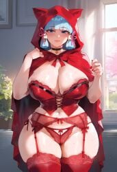 1girls ai_generated garter_straps genshin_impact hood_up kamisato_ayaka lingerie little_red_riding_hood thick_thighs wide_hips