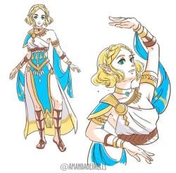 1girls amandaoiwells blonde_hair blue_dress breasts choker dancer dancer_outfit dress fire_emblem:_three_houses green_eyes looking_at_viewer nintendo princess_zelda sandals short_hair small_breasts tears_of_the_kingdom the_legend_of_zelda