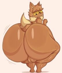 2024 anthro ass backsack balls big_butt black_eyes black_nose brown_body brown_ears brown_hair brown_tail colored digital_media_(artwork) dipstick_tail eevee femboy generation_1_pokemon genitals hair hi_res huge_butt huge_thighs hyper hyper_butt looking_at_viewer looking_back looking_back_at_viewer male markings motion_lines neck_tuft nintendo pokemon pokemon_(species) pral_(freakyahvee) rear_view shaded simple_background smug solo tail tail_markings tan_background tan_inner_ear tan_tail_tip thick_thighs tuft yellow_sclera yoshuacomoyoshu