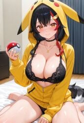 1girls 2025 ai_generated alternate_version_available big_breasts black_bra bra breasts cleavage cosplay female hololive hololive_japan indoors looking_at_viewer ookami_mio pikachu_(cosplay) solo thekingjhon123600 virtual_youtuber