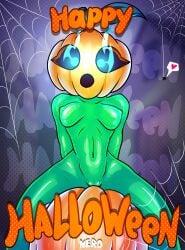 blue_eyes flat_belly ghost ghost_girl glossy green_body green_skin halloween nero original_character pumpkin pumpkin_head small_breasts