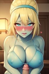 1boy1girl ai_generated bikini bikini_top bikini_zombie bikini_zombie_(pvz) blonde_hair blonde_hair_female blush breasts clothed handjob headband kiss_mark love nipples nipples_visible_through_clothing penis plants_vs_zombies sirena_(ryuu_ga_gotoku) viewer zombie zombie_girl