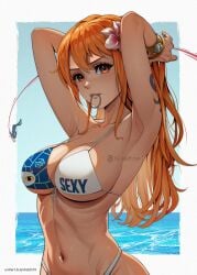 1girls beach belly_button big_breasts bikini breasts brown_eyes busty character_in_background cleavage curvy female female_only flower_in_hair instagram_username jeff.d.m long_hair nami nosebleed one_piece one_piece_film_gold orange_hair outdoors post-timeskip sea seaside solo sunny tying_hair vinsmoke_sanji voluptuous water