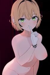 belly blonde_hair breasts colored_eyelashes dooby3d finger_to_mouth gloves green_eyes highres indie_virtual_youtuber large_breasts looking_at_viewer miandodi nude_edit shushing virtual_youtuber