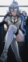 akame_ga_kill! arm_sleeves blue_eyes boots choker clair_(pokemon) cleavage cosplay crossed_legs esdeath_(akame_ga_kill!) female grin gym_leader jewelry looking_at_viewer military_uniform poke_ball pokemon pokemon_hgss ponytail simple_background sitting vivivoovoo