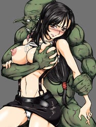 1boy blush breast_grab brown_hair cameltoe cowboy_shot female final_fantasy final_fantasy_vii goblin goblin_male grabbing grabbing_from_behind green_skin groping imminent_rape monster muscle nipples orc saliva shirt_lift skirt suspender_skirt suspenders tifa_lockhart tongue tongue_out walwalwal32 wrist_grab