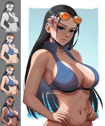 1girls ai_generated beach belly_button big_breasts bikini black_hair blue_eyes breasts busty cleavage curvy female female_only flower flower_in_hair instagram_username jeff.d.m long_hair nico_robin one_piece outdoors post-timeskip sea seaside solo sunglasses sunglasses_on_head sunny voluptuous water