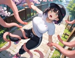 ai_generated baseball_cap historyia imminent_rape imminent_tentacle_rape midriff original original_character outdoors park tentacle tentacles_around_arms tentacles_around_legs tomboy