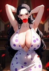 ai_due ai_generated armpits arms_up black_hair brown_eyes flower gigantic_breasts huge_breasts latina light-skinned_female light_skin long_hair looking_at_viewer massive_breasts mature_female milf one_piece pawg shounen_jump smiling solo_female squatting sweat sweatdrop thick_body thick_female viola_(one_piece) voluptuous voluptuous_female